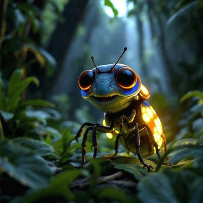 The primary subject of the image is a small, colorful, and cartoonish insect, possibly a grasshopper or a beetle, standing in a lush green forest. The insect is the main focus of the image, and it appears to be smiling. The setting is a forest with trees and plants surrounding the insect. The visual style of the image is a digital art or illustration, giving it a unique and creative appearance. The colors and mood of the image are vibrant and cheerful, with the
